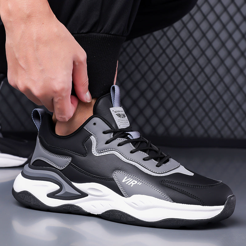 Men's Stylish Color-Block Sneakers - Black Gray with White Accents, Comfortable All-Day Wear, Durable Rubber Sole, Lace-Up Design, Trendy Low-Top Style for Casual or Athletic Use, Casual Sneakers Fashion Sneakers Pu Mat