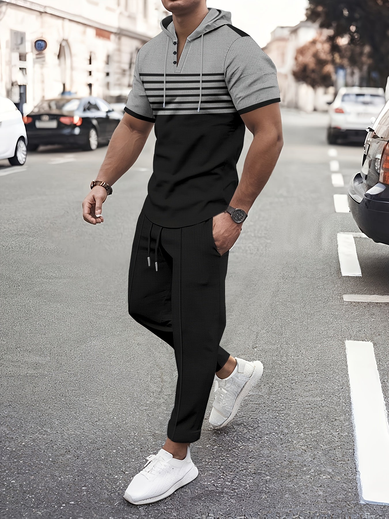 Men'S Summer Casual Sportswear Set, Striped Patchwork Short Sleeve, Polyester Material, Suitable for Leisure and Sports Outings, Fashionable and Trendy, with Drawstring Belt and Pockets, Ideal for Summer Activities, Hooded Sh