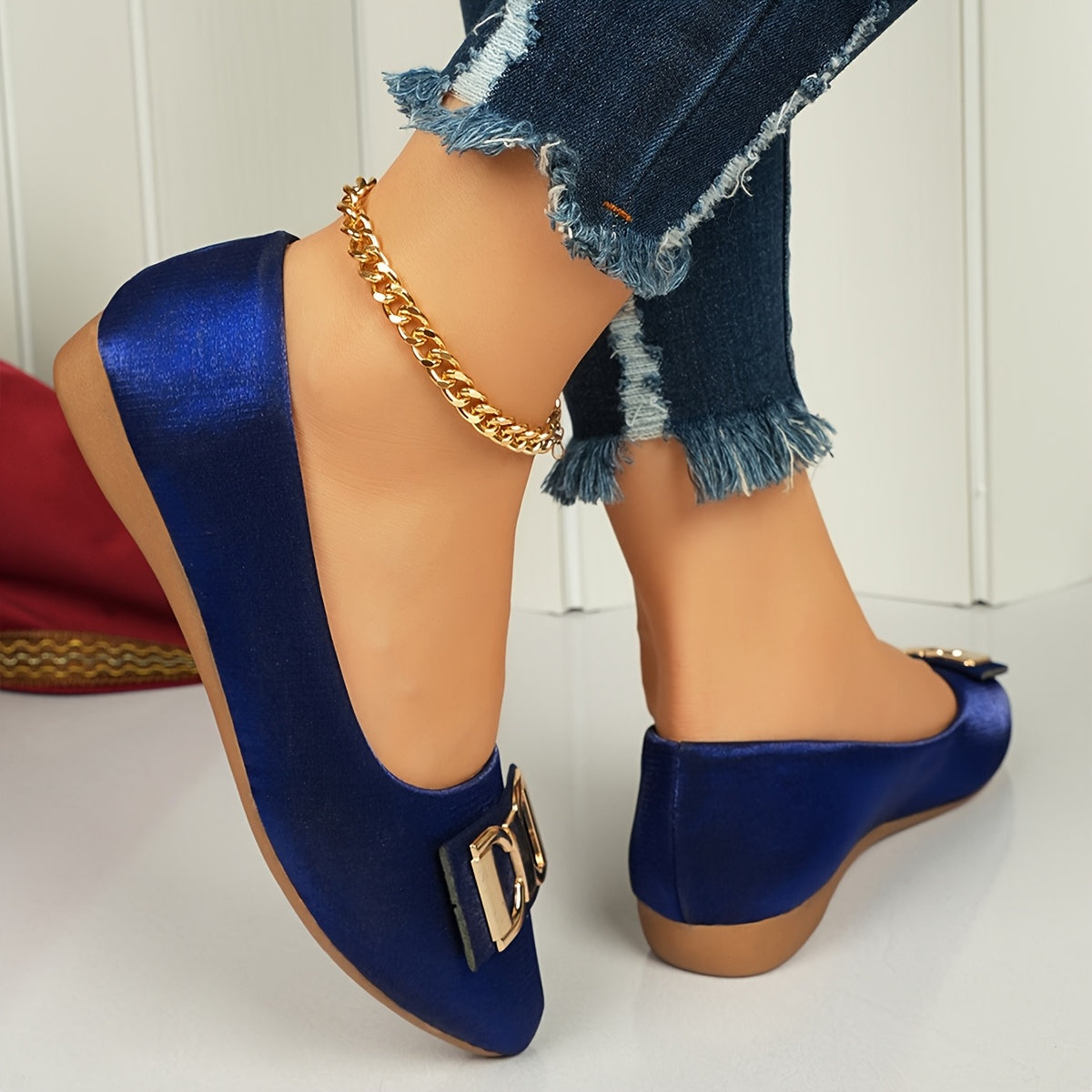 Women's Elegant Red Slip-On Flats with Golden Double Buckle Design - Comfortable Faux Cover Shoes for All Seasons, Pointed Toe Rubber Sole, Perfect for Casual or Dressy Occasions, Dressy Flats Buckle Embellished Shoes Lux