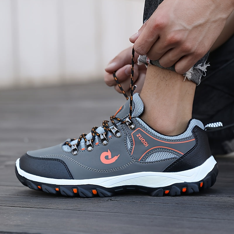 Men's Low-Top Lace-Up Outdoor Hiking Shoes, Durable Non-Slip Rubber Sole All-Season Sports Footwear with Plain Toe, PU Upper, Fabric Inner & Insole for Camping, Climbing - Black with Orange Accents, Allseason Sports Shoes | C