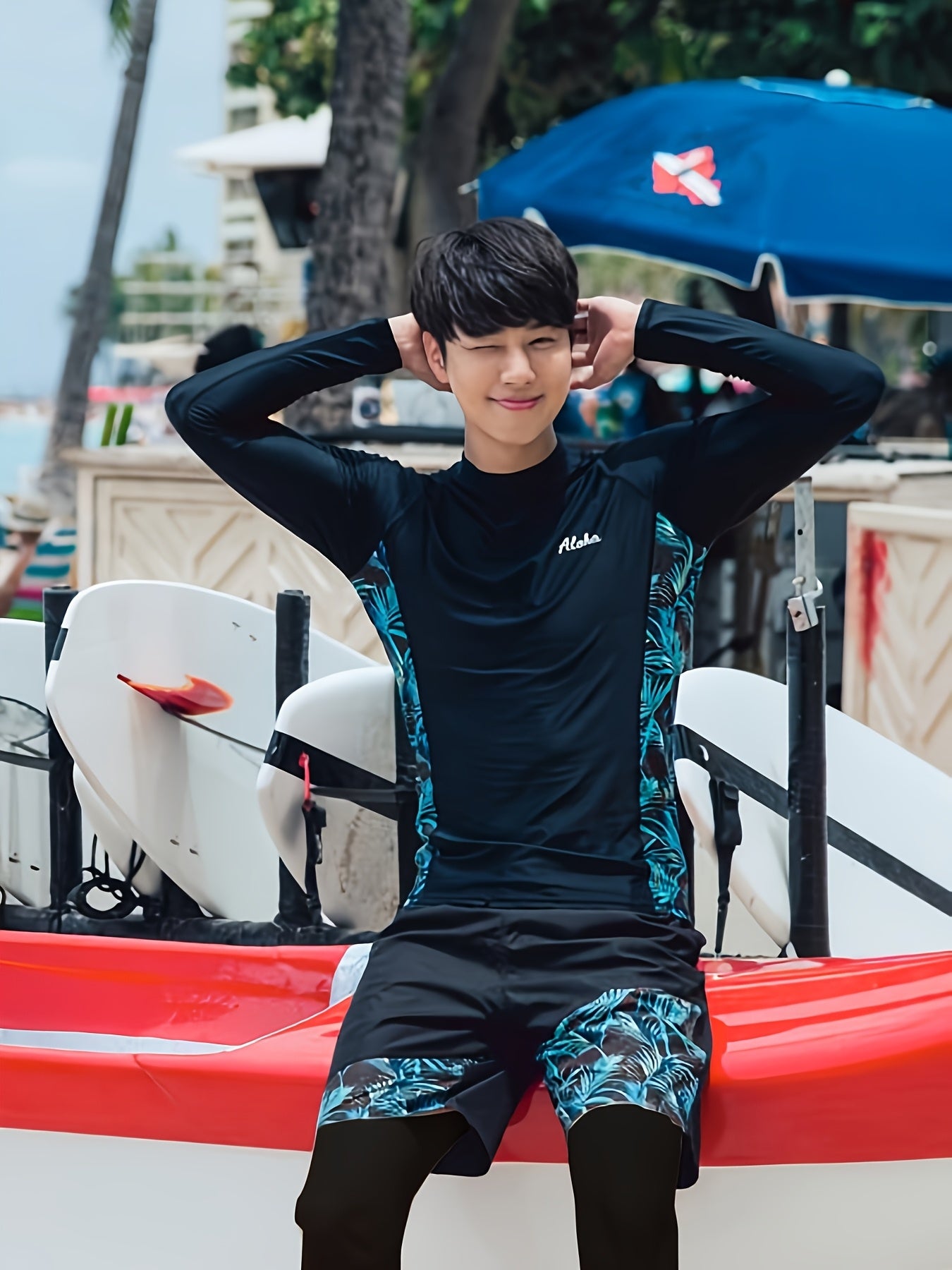 Men's Tropical Print Long Sleeve Swimwear Set with Pants