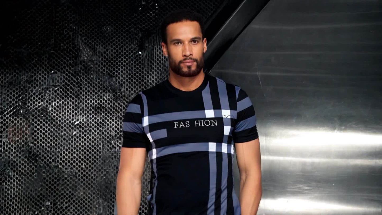 Men'S Casual "FAS HION" Graphic T-Shirt - Black Blue Plaid, Short Sleeve, Round Neck, All-Season Comfort Fit, Casual Attire Plaid Pattern Top Comfortable Fit Shirt