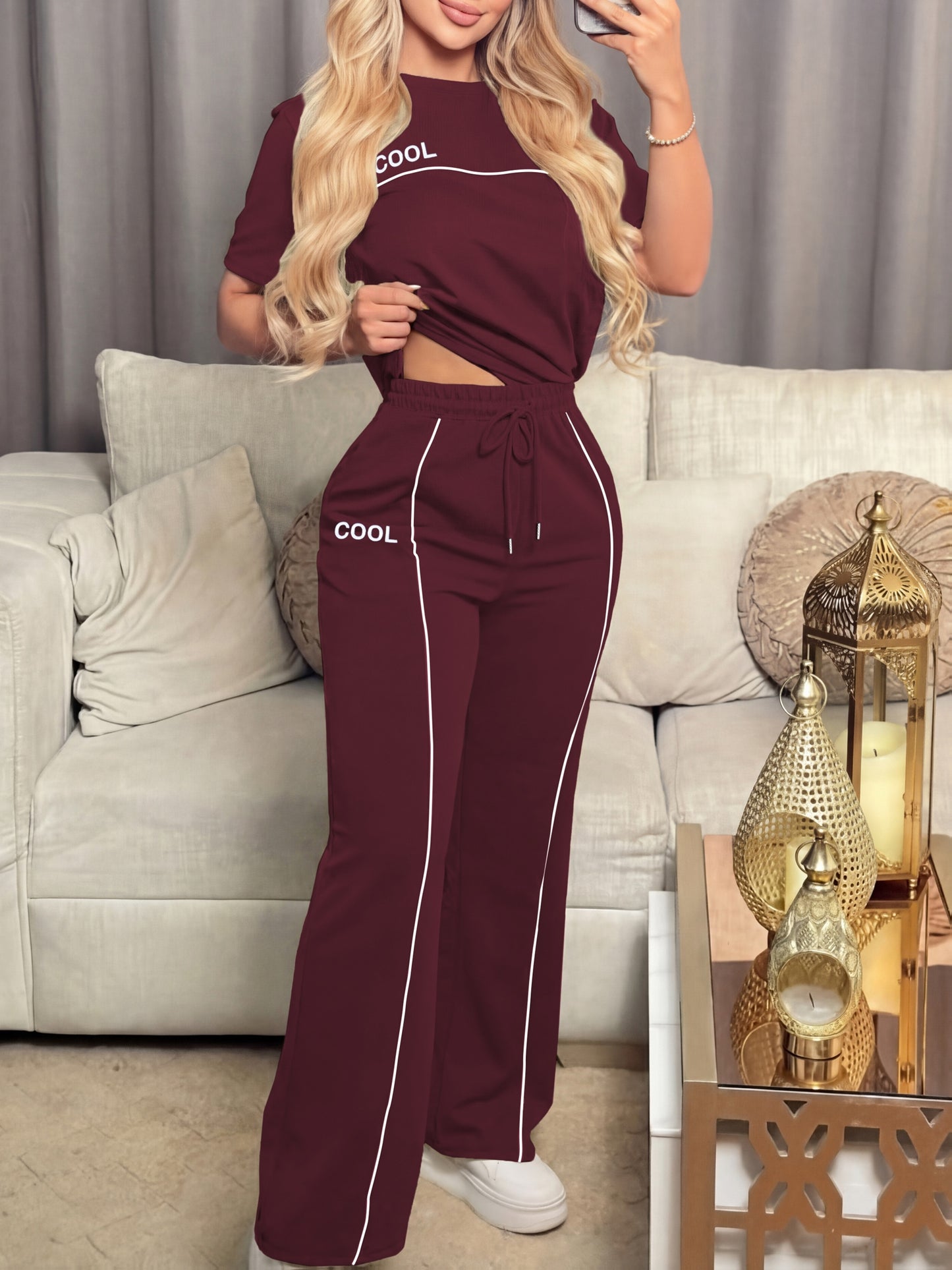 Women's Casual Letter Print Top & Wide Leg Pants Set for Spring/Summer