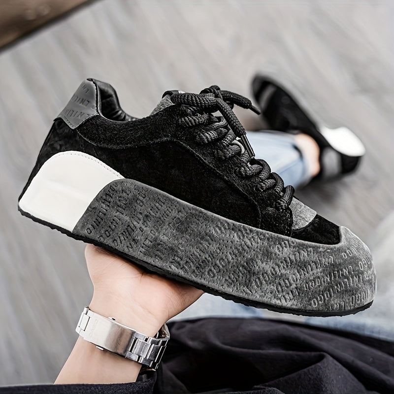 Men's Lightweight Breathable Casual Sneakers - Thick Cushioned Sole, Lace-Up Low-Top Design, Durable PU PVC Construction for All-Season Outdoor, Gym, Running Daily Wear - Black, Outdoor Walking Shoes, Chunky Sole, Comfort