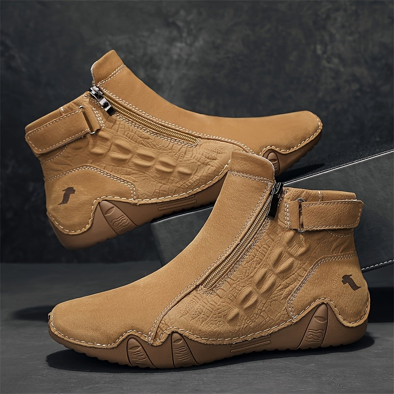 Men'S High-top Casual Shoes With Anti-slip, Comfortable, Outdoor, Fashionable, Plus Size, Business, Hand-stitched, Zipper, Cro, Lace-up.