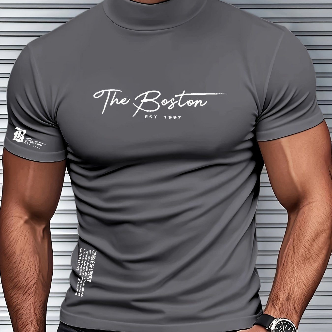 Men's Slim Fit Breathable Moisture-Wicking Short Sleeve T-Shirt - Lightweight All-Season Small Stand-Up Collar Tee with Boston Letter Print for Gym, Outdoor Casual Wear, Active Lifestyle, Modern Design, Durable Construction