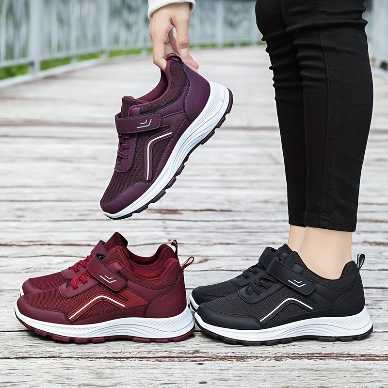 Women's Breathable Mesh Sneakers - Maroon Low-Top Casual Sneakers with Adjustable Hook-and-loop Fastener Strap Laces, Comfortable Fabric Insole, All-Season Round Toe Design, Breathable Footwear Stylish Mesh Sneakers Adj