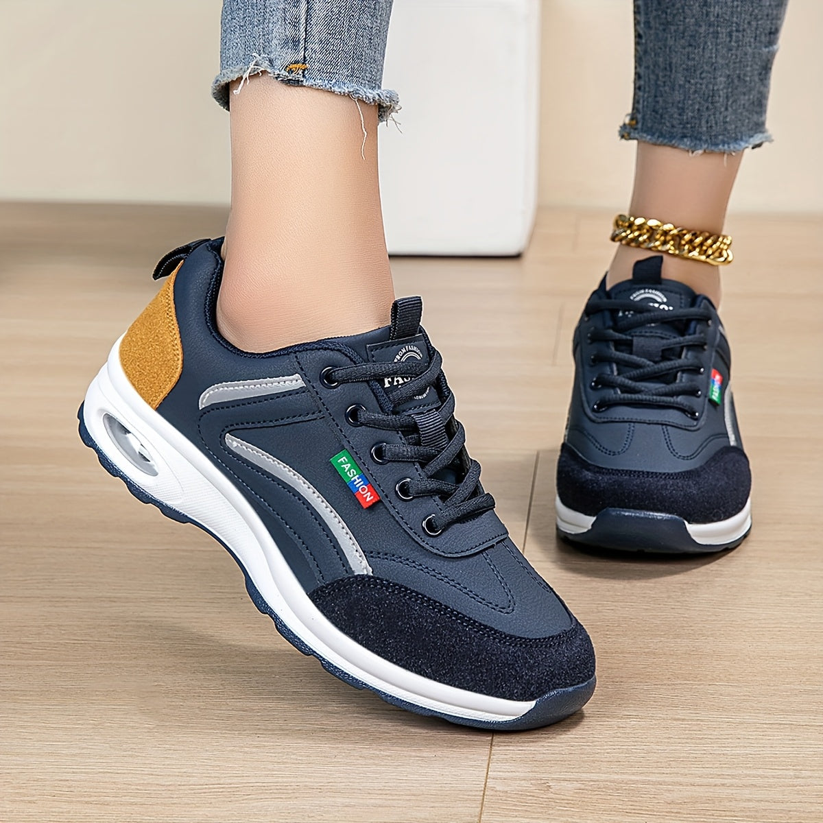 AOPLUS Women's Fashion Sneakers - Lightweight, Comfortable, and Breathable Low-Top Sneakers with Air Cushion Support, White Blue Design, PU Cover Upper, Fabric Lining, All-Season Wear