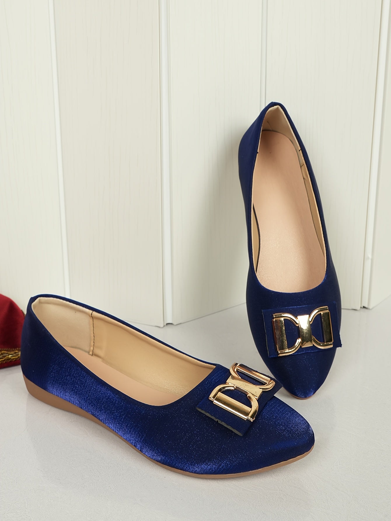 Women's Elegant Red Slip-On Flats with Golden Double Buckle Design - Comfortable Faux Cover Shoes for All Seasons, Pointed Toe Rubber Sole, Perfect for Casual or Dressy Occasions, Dressy Flats Buckle Embellished Shoes Lux