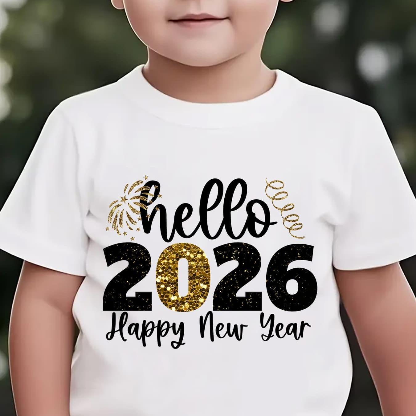 Boys' 2026 New Year'S Eve Party T-Shirt - Hello 2026 Happy New Year Fireworks Print with Golden & Lettering - Lightweight Summer Tee for Birthday Party Outfit, New Year'S Eve Celebration - Easy-care Kids Shirt, New Year T Shi