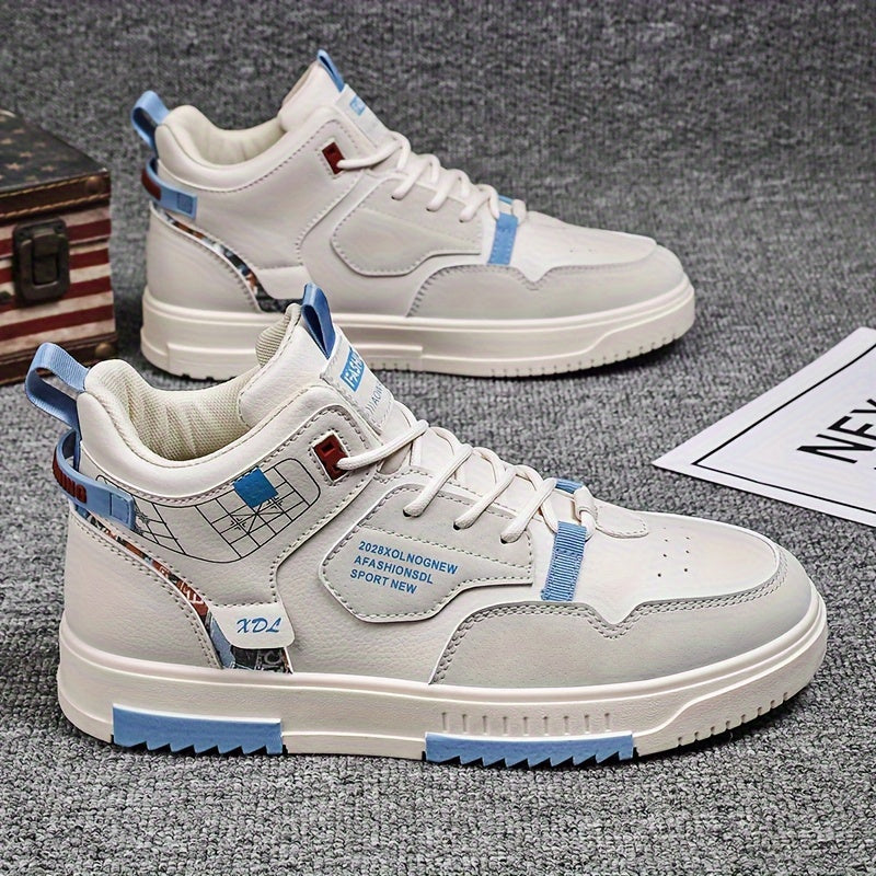Men's Skate Shoes with Good Grip Breathable Design - PU Upper, Cushioned PVC Sole, Black/Blue Letter Pattern Lace-Up Sneakers for All-Season Casual Sports Wear, Allseason Shoes Modern Casual Shoes Comfortable Wear