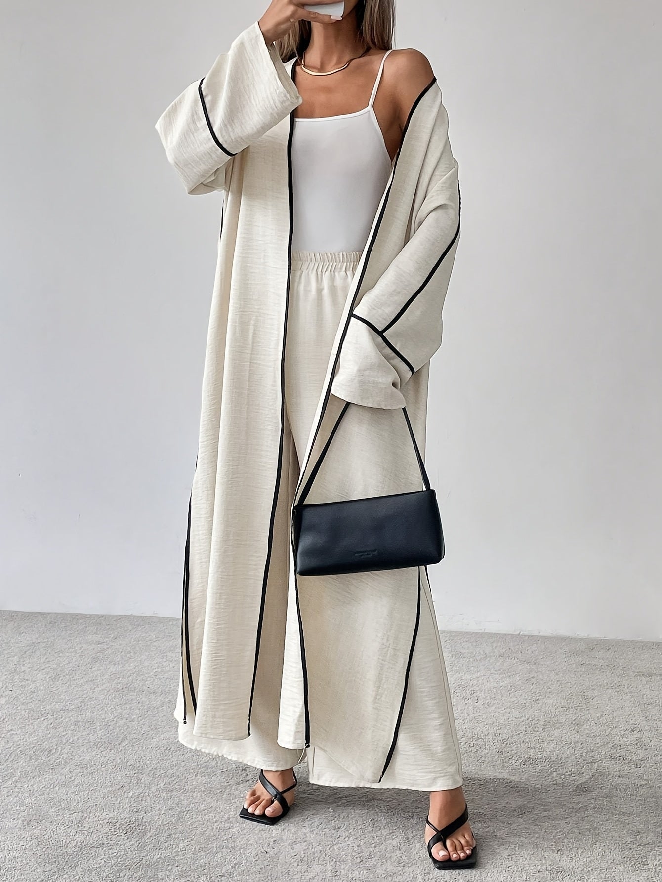 Women'S Elegant Fashion Work Casual Two-Piece Set - Long Sleeve Cardigan with Color Block Detail and Wide-Leg Pants, Loose Fit, All-Season Wear, Stylish Work Attire|Casual Style|Color Block Detail