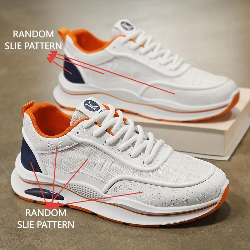Men's Lightweight Breathable Low-Top Sneakers - PU Upper PVC Sole, White/Navy/Red Accents, Lace-Up Round Toe for Casual, Outdoor, Running Gym - All-Season Comfort Shoes, Casual Footwear, Geometric Pattern, Comfortable Fit