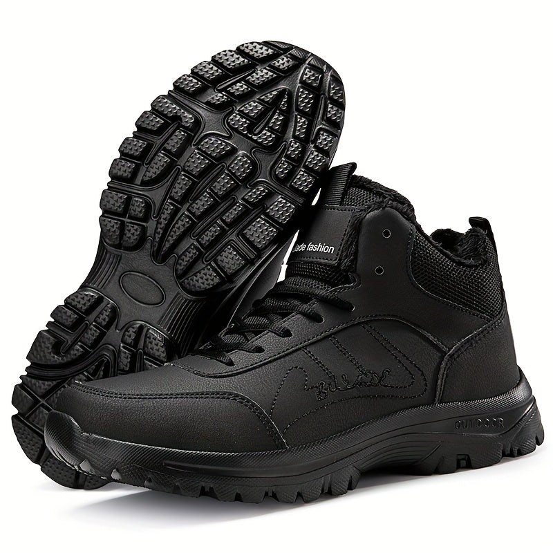 Men's Mid-Top Outdoor Sneakers | Plush Lining for Warmth | Durable MD Sole | All-Season Comfort | Stylish Black | Casual Walking Shoes with Hook & Loop Fastener | Ideal for Travel and Everyday Use