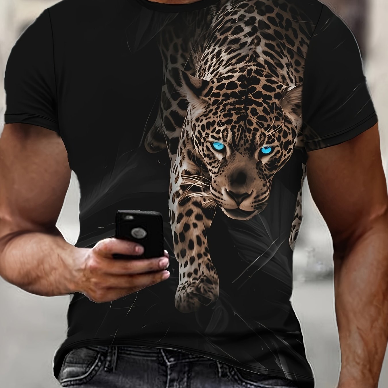 Men's Black T-Shirt with Bold Leopard Face Graphic - Short Sleeve Round Neck Casual Shirt, Lightweight Summer Top for Gym, Everyday Formal Outfits - Machine Washable Bold Animal Print Tee, Comfortable Fit