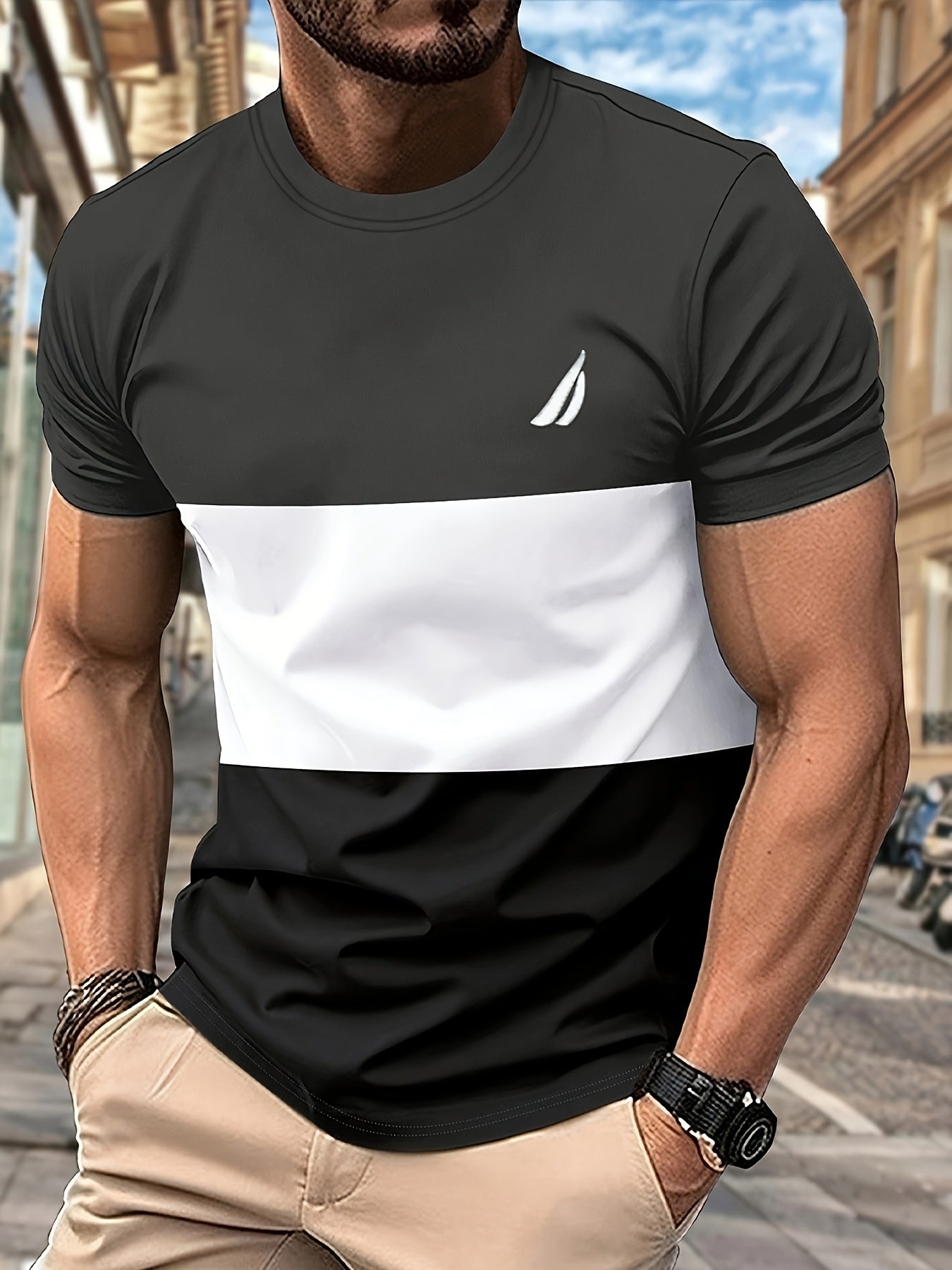 Men's Round Neck T-Shirt, Three-Color Patchwork Top with Asymmetric Double Stripes, Trendy Comfortable Breathable High-Quality Factory-Made Casual Fit