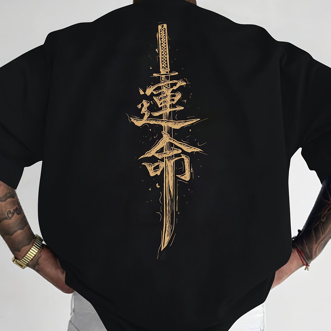 Men'S Japanese Samurai Sword Graphic T-Shirt - Casual Loose Fit Crew Neck, Short Sleeve Tee with Red Stylized Japanese Katanas Design, Breathable Polyester for Spring Summer Outdoor Wear