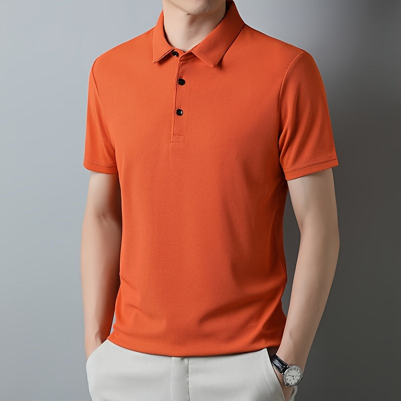 Men's Solid Short Sleeve And Lapel Collar Henley Shirt, Casual And Comfy Sports Tops For Summer Golf Wear And Outdoors Activities