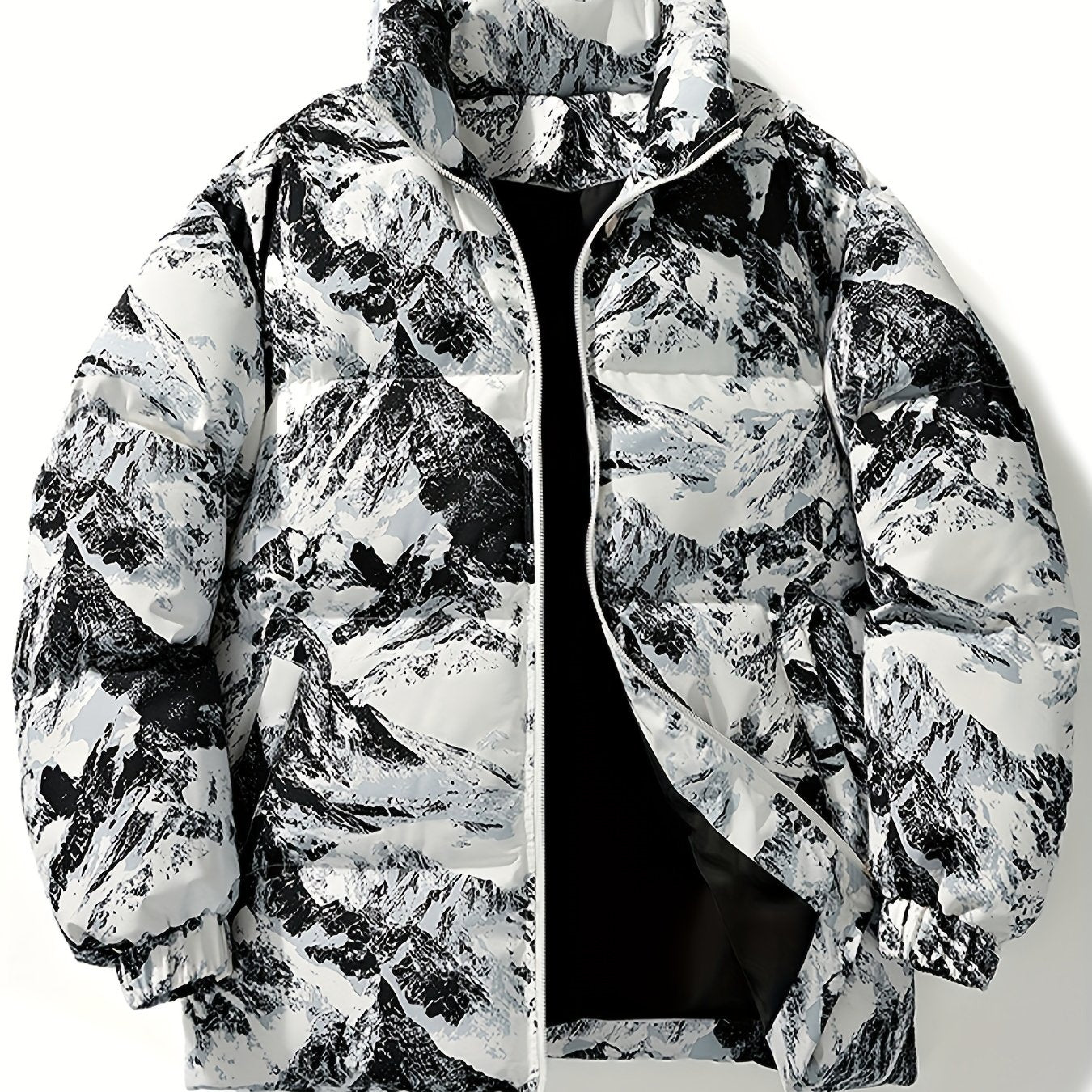 Men's Winter Mountain Camo Hooded Jacket with Insulating Polyester Fill - Stand Collar & Zippered Pockets, Machine Washable Outdoor Coat for Hiking, Camping, Casual Wear - White/Black/Gray (Regular Fit) by Ocean Muai Xing