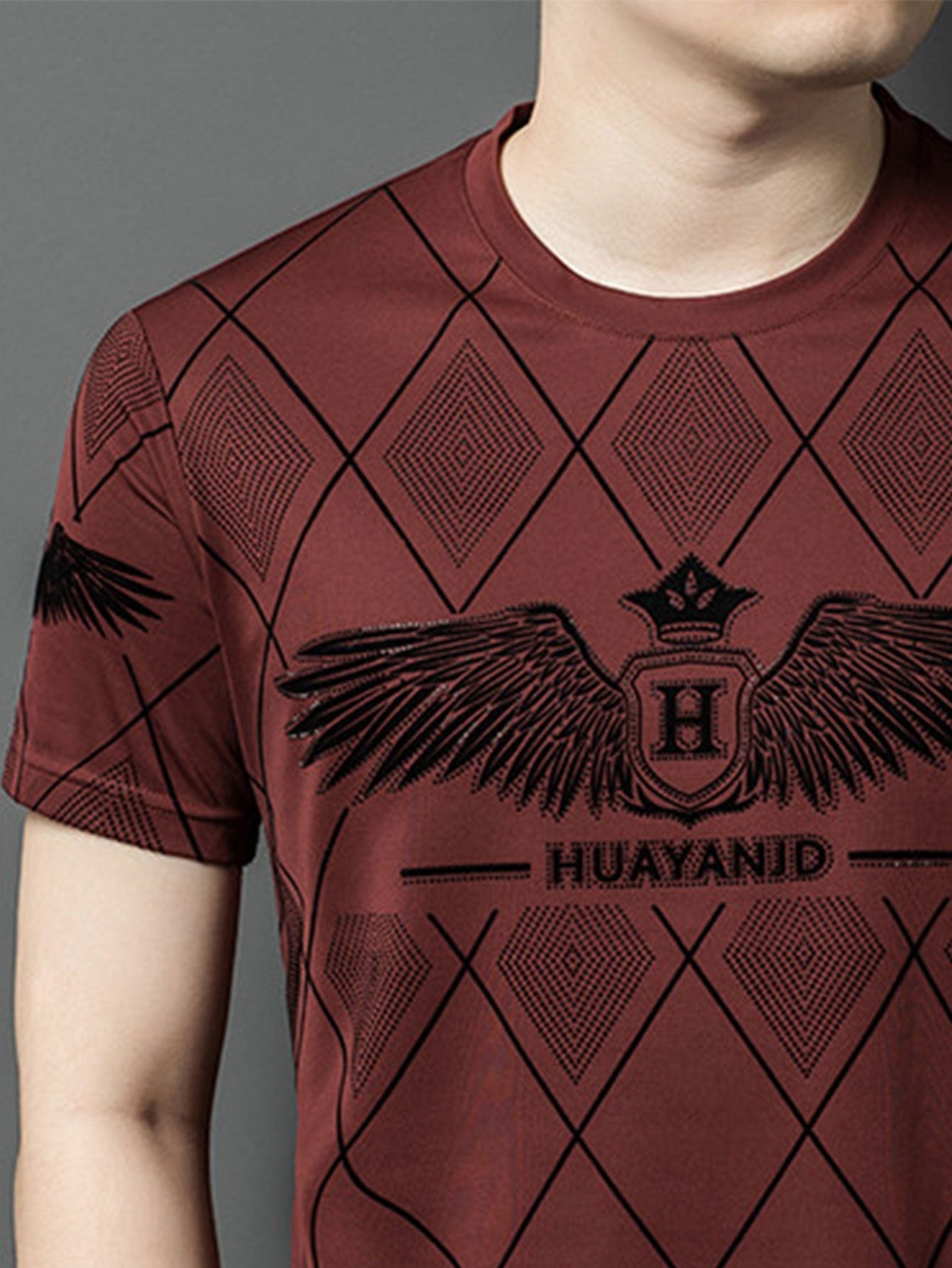 SINBOS Men's 2025 Summer Short Sleeve T-Shirt - Black Casual Graphic Print Tee with Wing HUYAND Logo Design, Breathable Stretch Fabric, Round Neck Regular Fit for Casual Attire, Nontransparent Material, Relaxed Fit, Trendy
