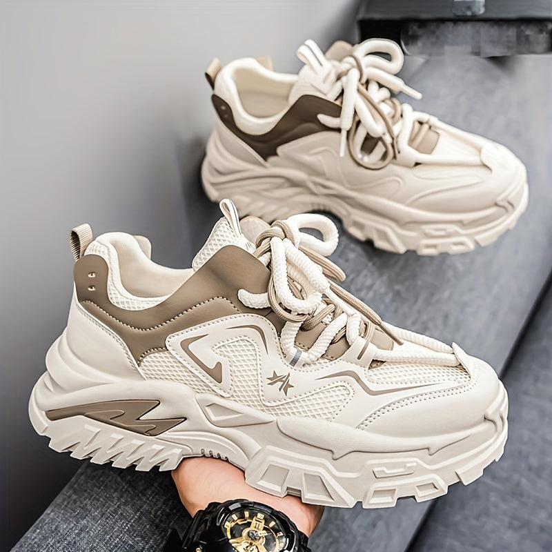 Men'S Breathable Mesh Sneakers with Thick Cushioned Sole - Lightweight Low-Top Lace-Up Shoes for Running, Hiking Casual Wear, Navy Blue White Design, All-Season Comfort, Sneakers, Hiking Footwear, Stylish Laceup Shoes, Du