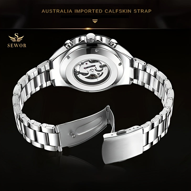 Fashion Statement, Men's Luxury Automatic Mechanical Watch - Elegant Stainless Steel Band, Multi-Function with Sun, Moon, and Stars Display, Transparent Back for Sophisticated Style