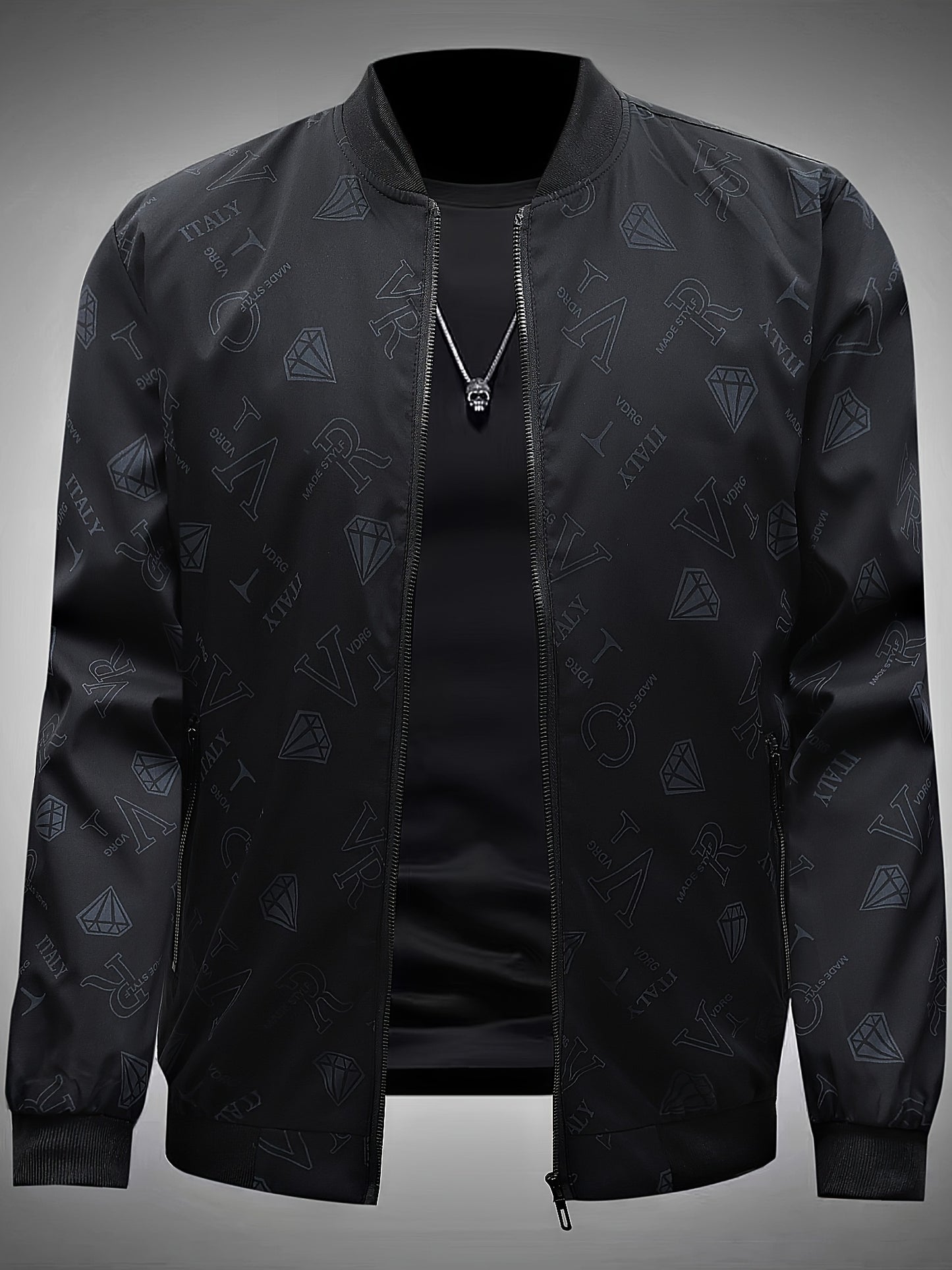 Men's Fashion Bomber Jacket Spring/Fall Collection, Casual Alphabet Print Polyester Jacket with Zipper, Baseball Collar, Long Sleeve, Regular Fit, Non-Stretch Woven Fabric, Casual Outfit with Pocket