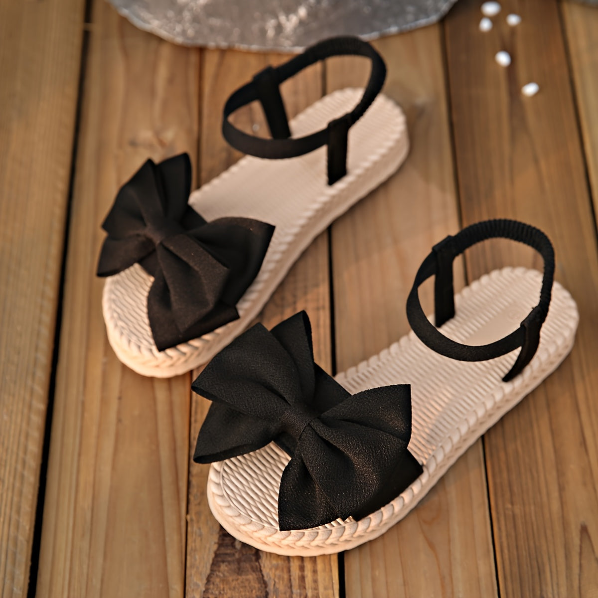 Elegant Women's Mary Jane Flat Sandals with Black Bow Detail - Lightweight Soft Microfiber Slip-On Open-Toe Beach Shoes, Comfortable EVA Sole for Casual Formal Wear, All-Season Versatile Design, Summer Footwear, Bowadorned