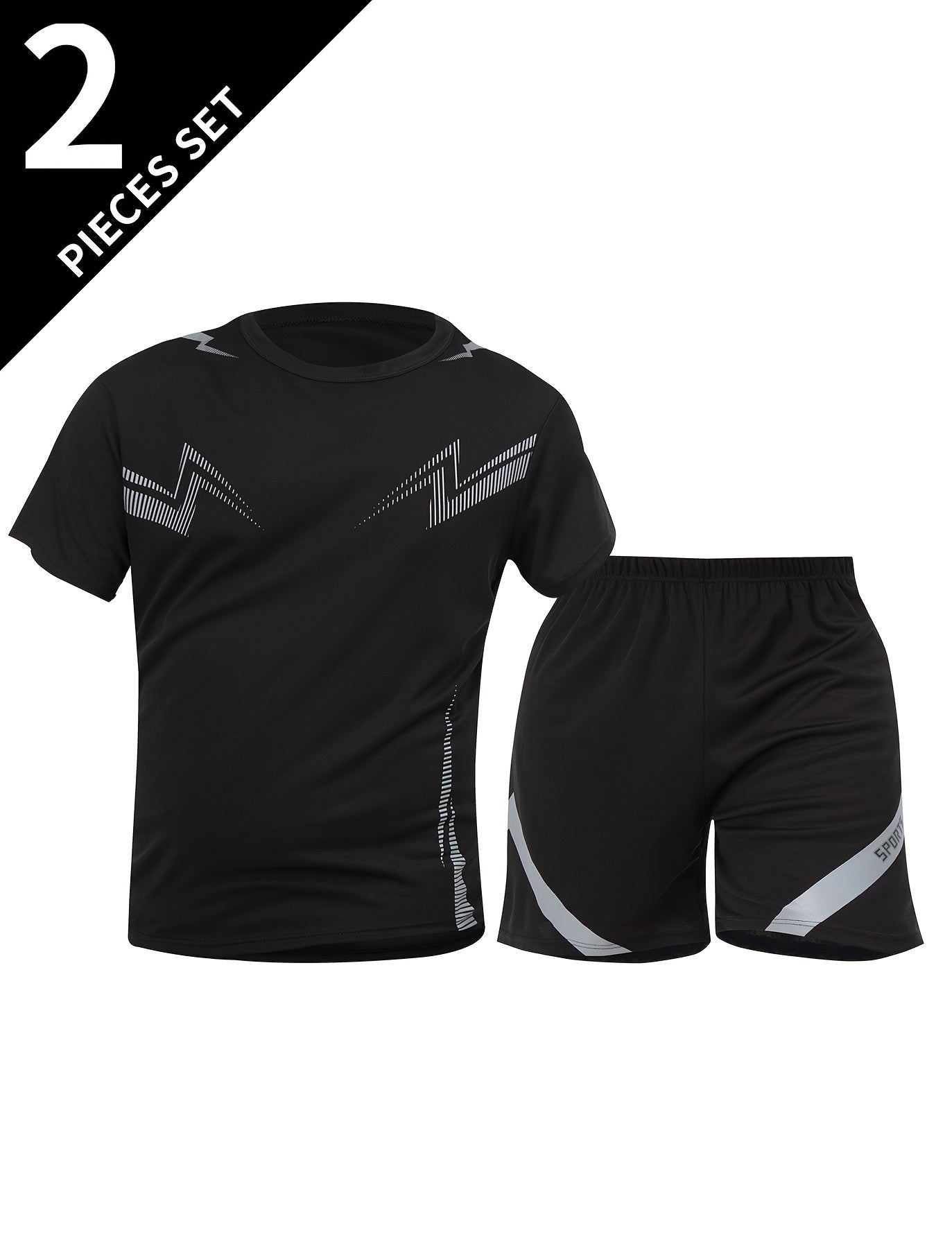 2pcs Summer New Lightning Print Sports Suit Men's Short Sleeve Shorts Outdoor Fitness Breathable Quick-Dry Loose Running Outfit Set
