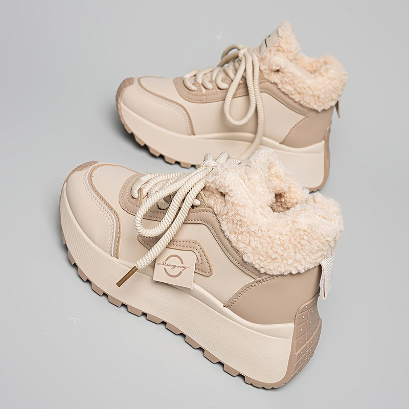 Women'S Winter Snow Boots with Thick Cushioned PVC Sole for Height Increase - Slip-Resistant Traction, Synthetic Faux Leather Upper & Plush Lining, Beige/Black Colorway - All-Terrain Traction for Ice, Snow, and Casual Wear -