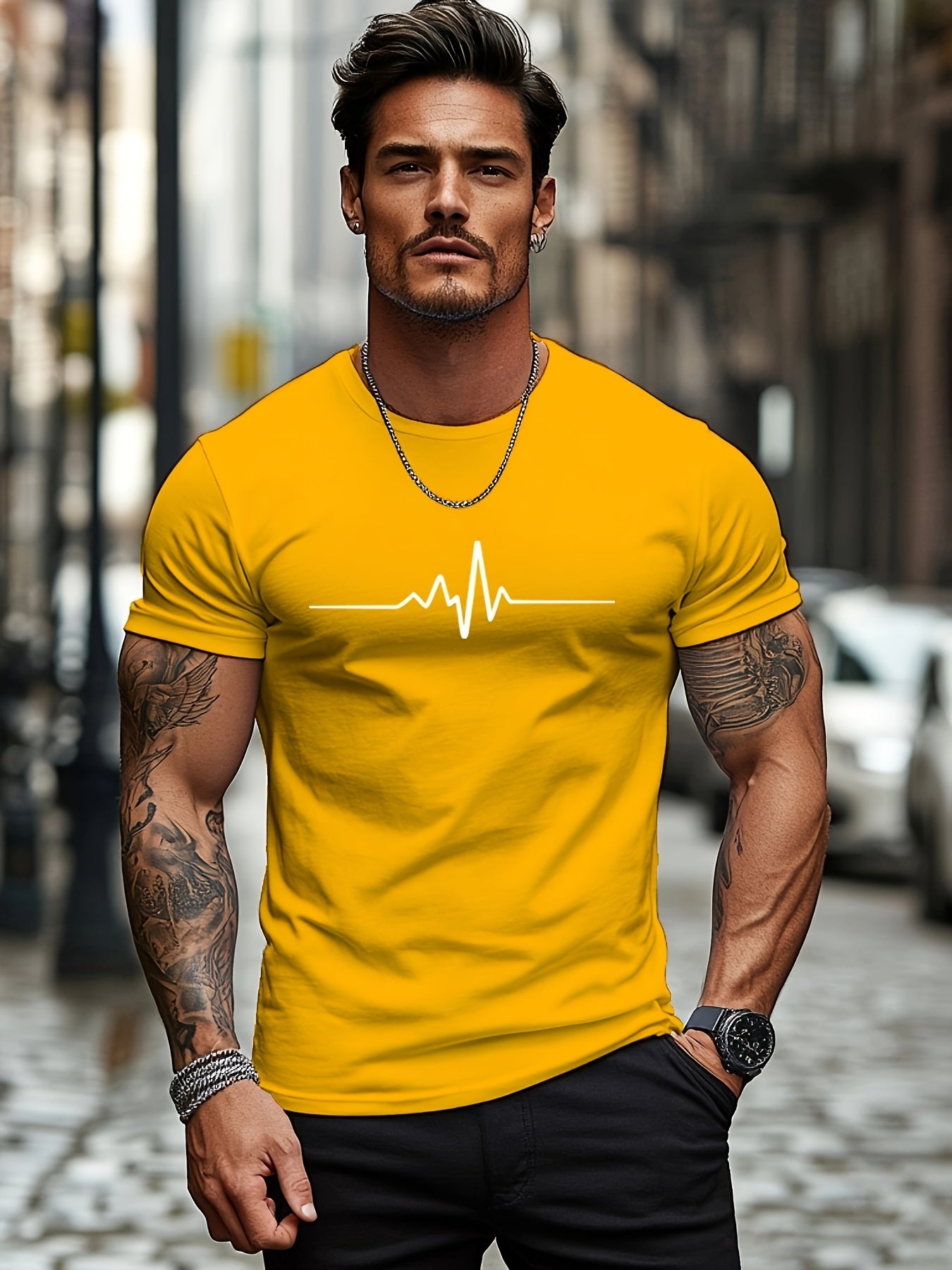 Men'S Brown T-Shirt with ECG Heartbeat Graphic - Casual Streetwear, Short Sleeve, Round Neck, Stretch Fabric, All-Season Comfort, Casual Streetwear Tee Round Neck Tshirt Comfortable Fit