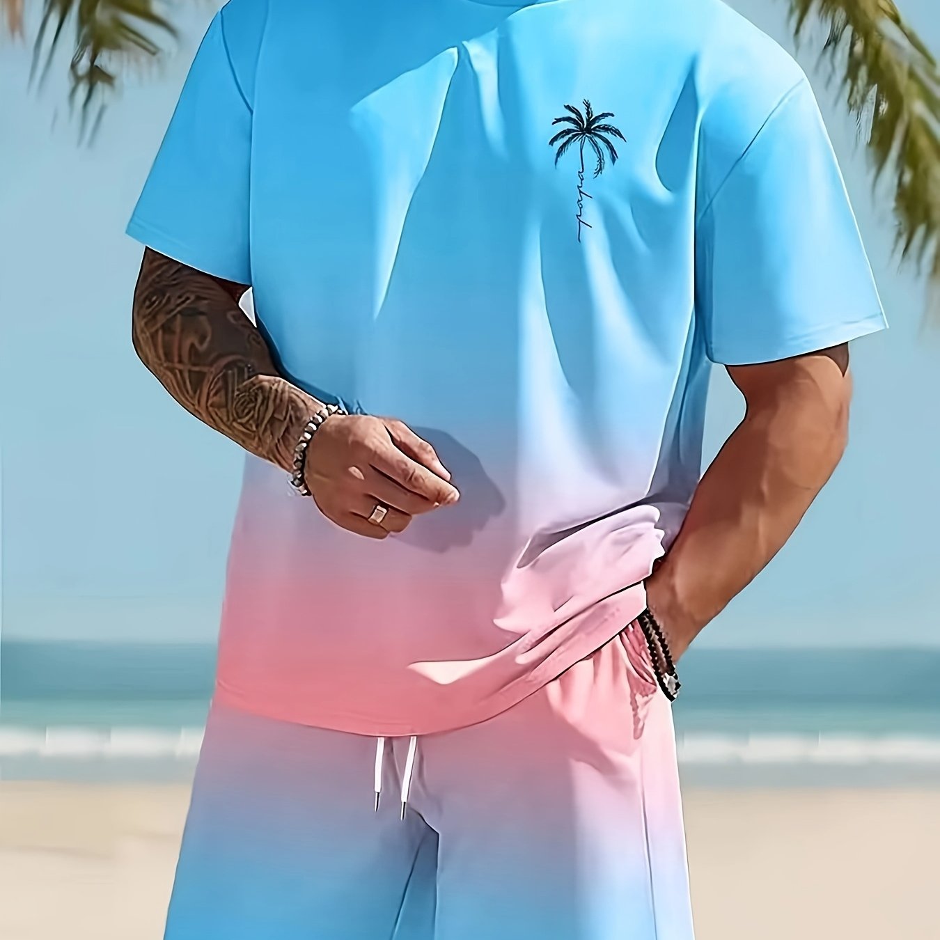 Men's fashion crewneck short-sleeved shorts two-piece set, 3D digital printing HD pattern, summer leisure and comfortable vacation sports Men's wear
