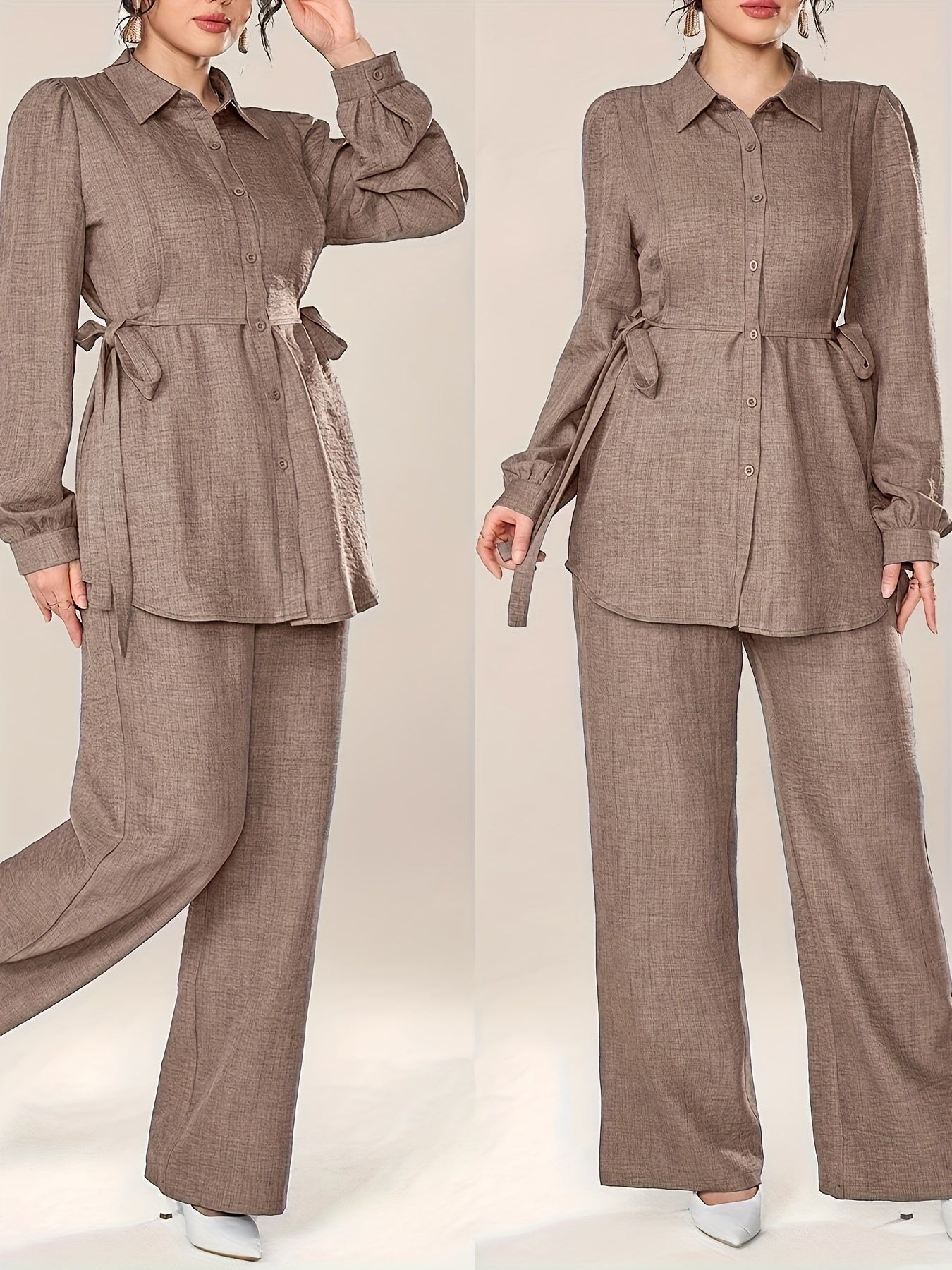 Women'S Solid Color Long Sleeve Knotted Waist Single-Breasted Shirt and Pants Elegant Commuter Set, Two-Piece Summer Autumn Women'S Outfit Office Business Casual Women'S Suit