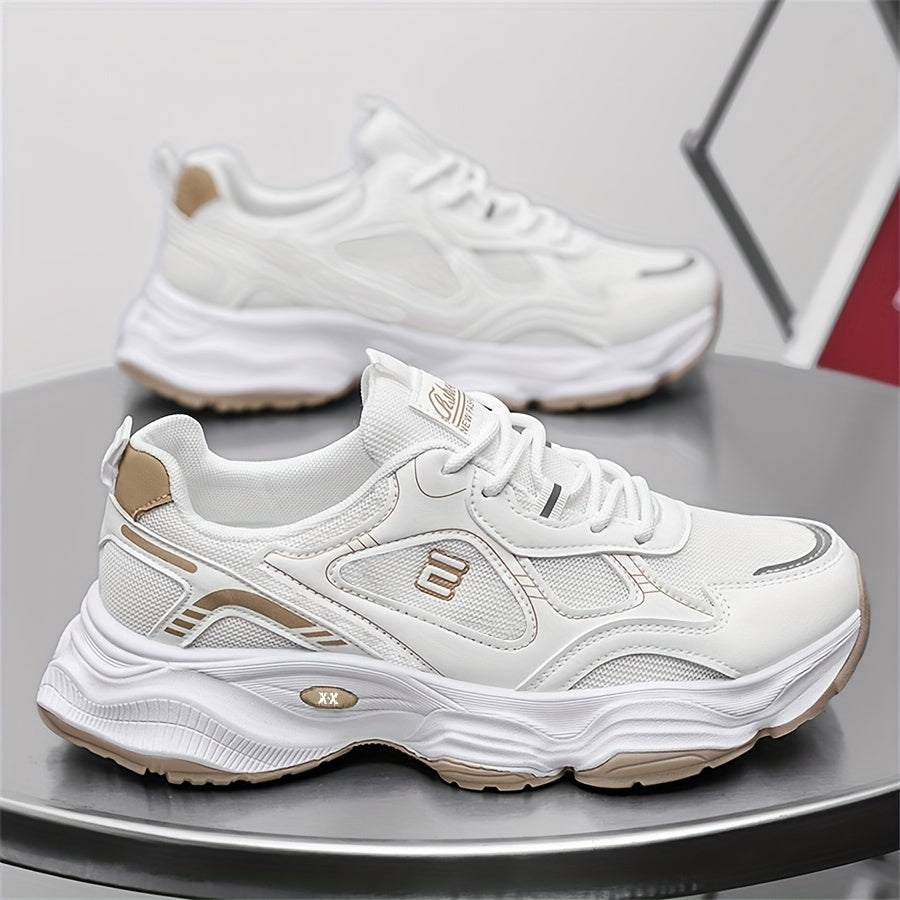 Men'S 2025 New Fashionable Low-Top Sneakers with Thick Sole - Non-Slip, Outdoor Casual Shoes for Teenagers and Young Adults, White and Golden Accents, All-Season Comfort, Casual Footwear Modern Sneaker Design Rubber Base