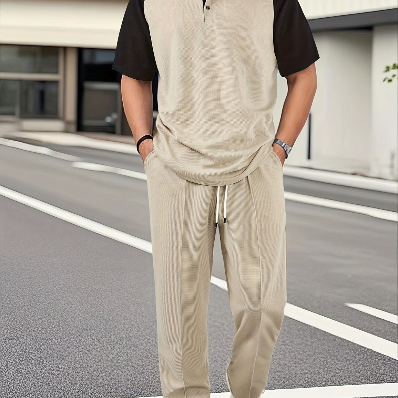 Men's Casual Mixed Color Spliced Set: Shirt and Drawstring Pants, Clean and Comfortable