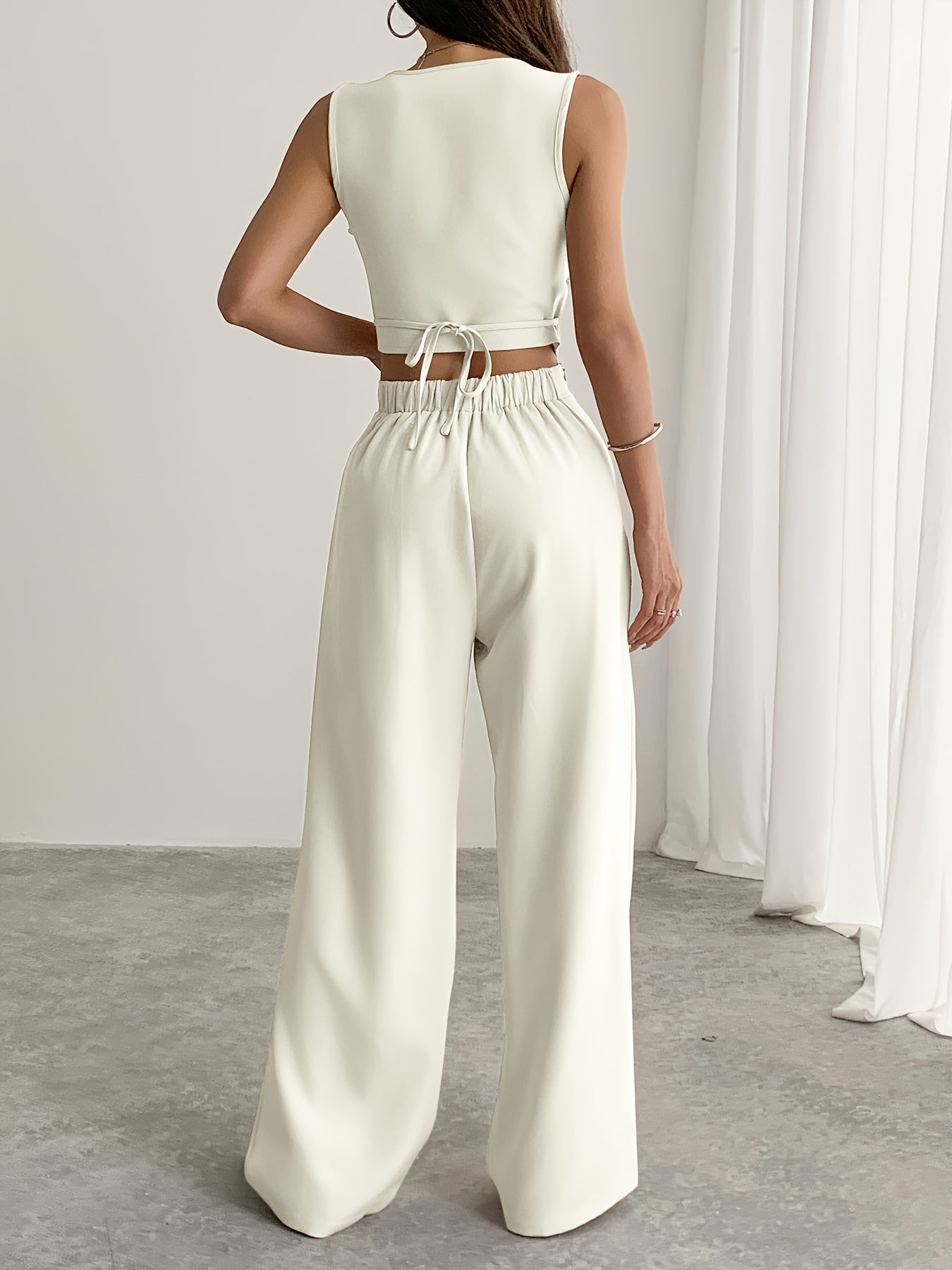 Two-Piece Women's Square Neck Sleeveless Button-Up Blouse and Loose Wide-Leg Pants Set