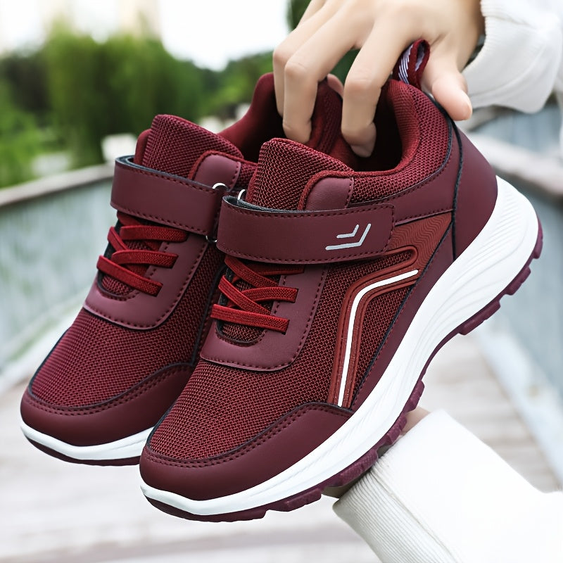 Women's Breathable Mesh Sneakers - Maroon Low-Top Casual Sneakers with Adjustable Hook-and-loop Fastener Strap Laces, Comfortable Fabric Insole, All-Season Round Toe Design, Breathable Footwear Stylish Mesh Sneakers Adj