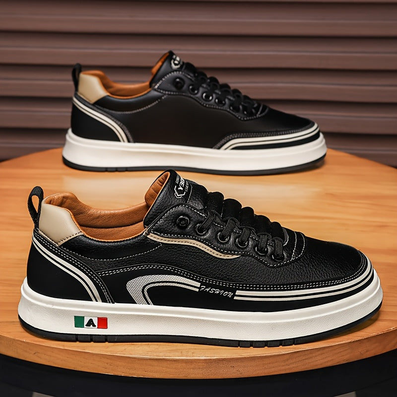 FC06 Men'S Casual Sneakers - Black White Low-Top Lace-Up Shoes with Italian Flag Design, Faux Cover Upper, Cushioned PVC Sole, Breathable Fabric Lining for All-Season Comfort, Everyday Footwear, Modern Sneakers, Fabric Line