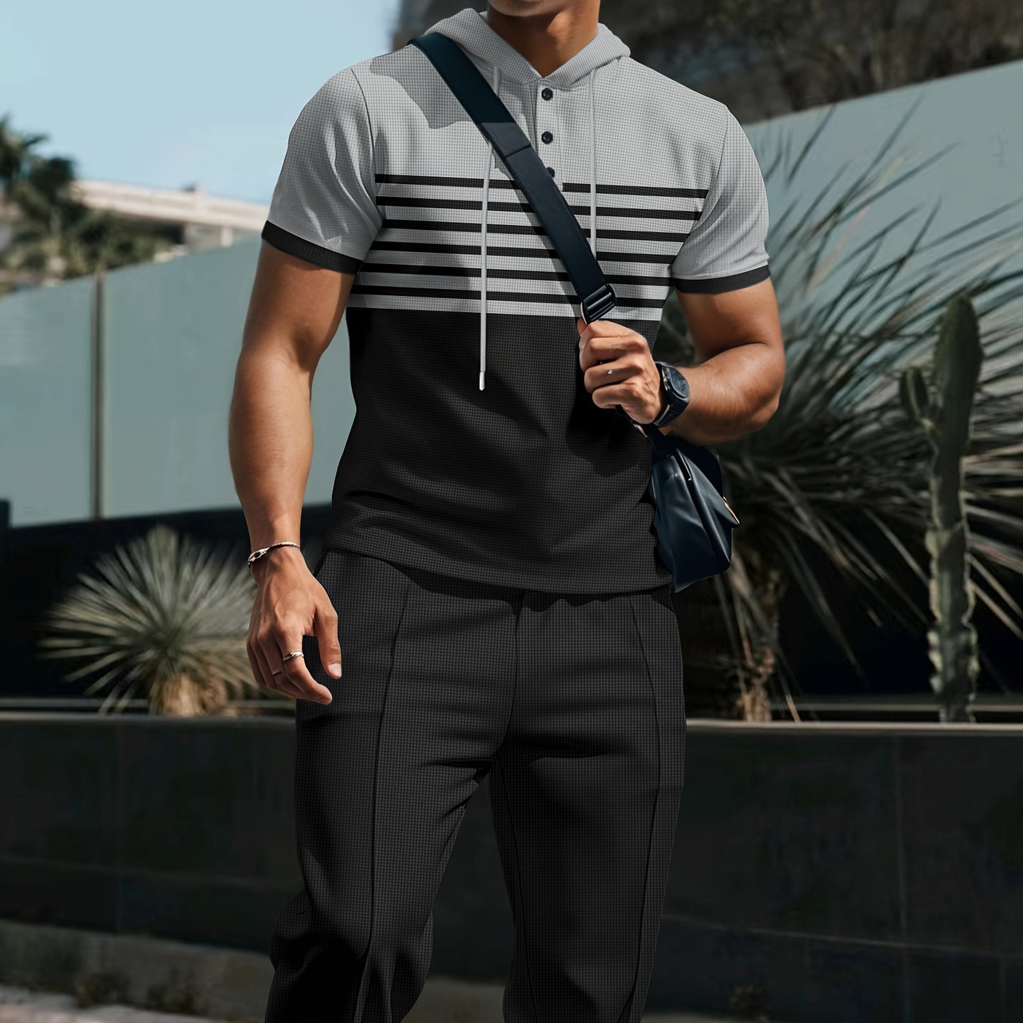 Men'S Summer Casual Sportswear Set, Striped Patchwork Short Sleeve, Polyester Material, Suitable for Leisure and Sports Outings, Fashionable and Trendy, with Drawstring Belt and Pockets, Ideal for Summer Activities, Hooded Sh