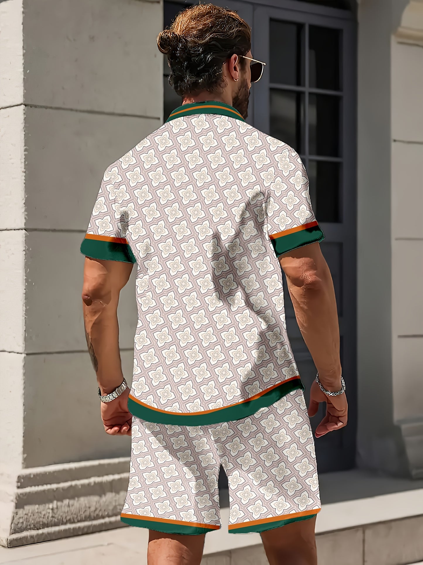 3D Digital Print Men's Fashion Casual Hawaiian Style Striped Shirt Two-Piece Set