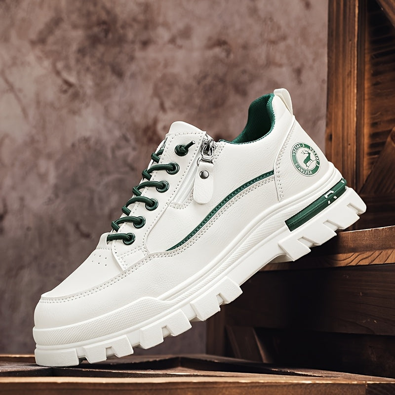 Men's Casual Sneakers - White Green Low-Top Design, Comfortable PU Upper with Fabric Lining, Durable PVC Sole, Perfect for Casual Attire and Sports