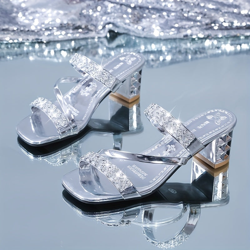 Elegant Women'S Summer Sandals - Sexy Open Toe with Glittering Square Toe, High Heel, and Rubber Sole for Outdoor Wear, Summer Footwear Chic Sandals Glossy Finish, Strappy Sandals