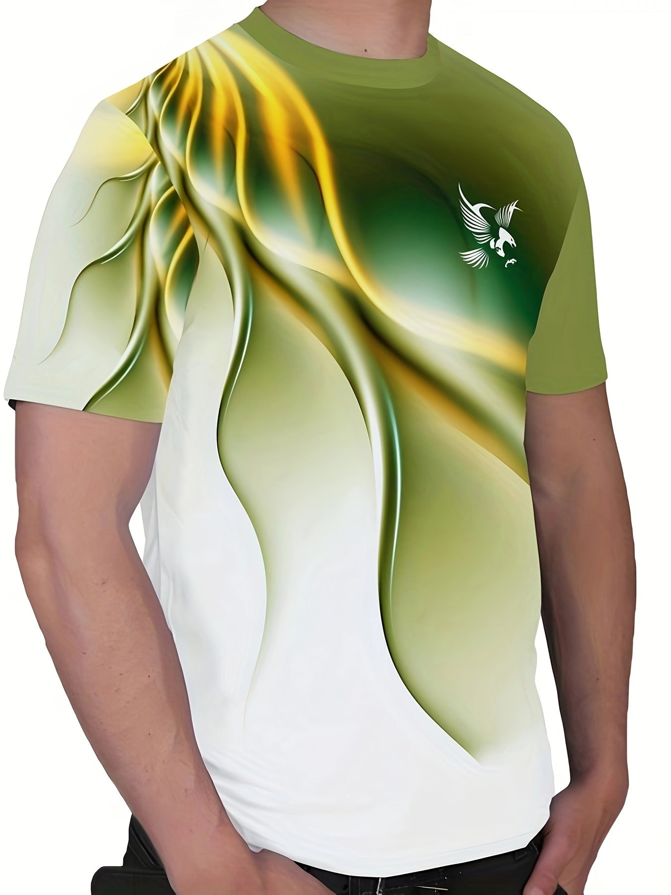 Men'S Round Neck T-Shirt with a Simple Multicolored Bird Pattern Print in Trendy Style.
