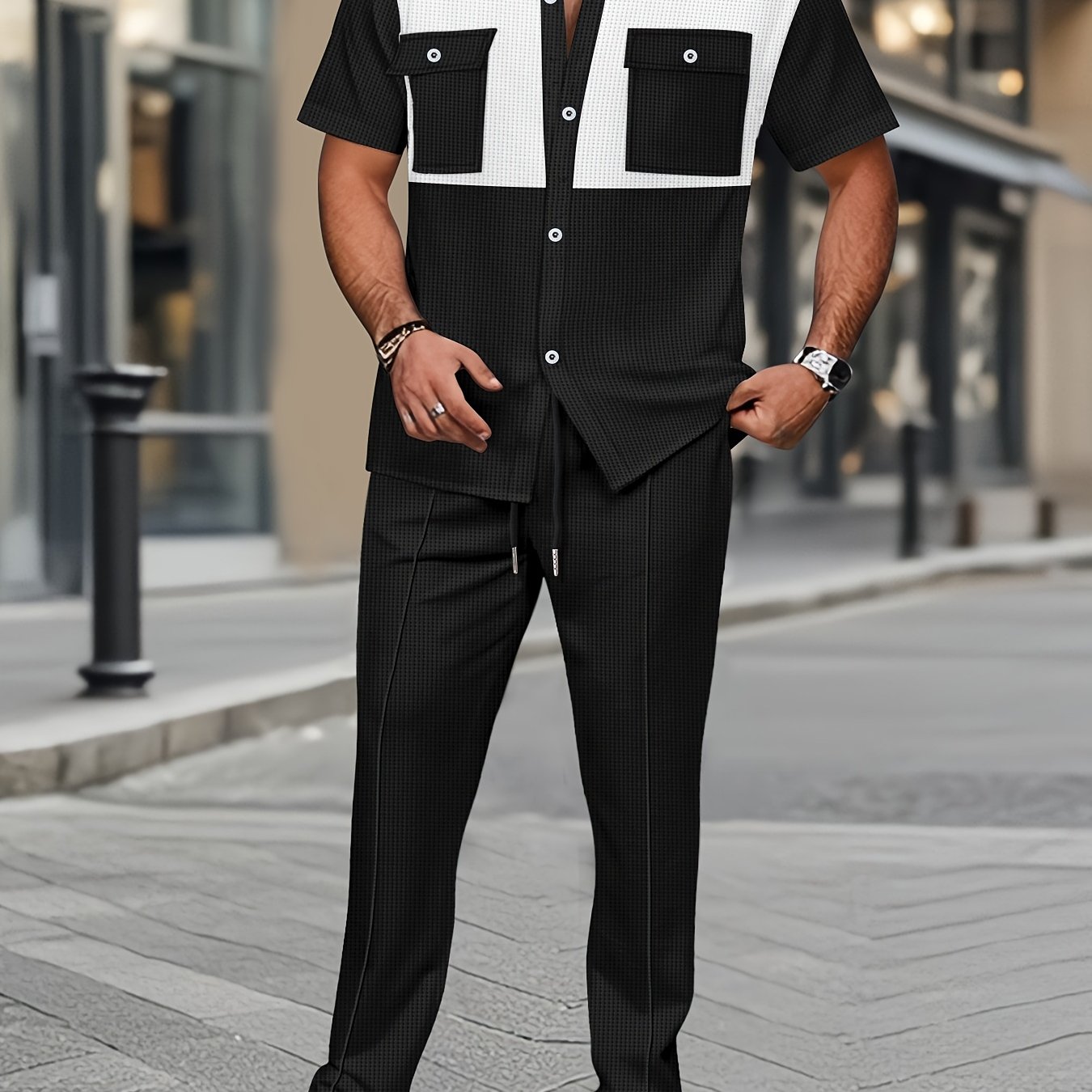 Men's Summer Two-Piece Set, Waffle Fabric Contrast Color with Pockets Short-Sleeved Shirt + Casual Trousers Suit, Leisure Light Business Vacation Daily Multiple Scenes