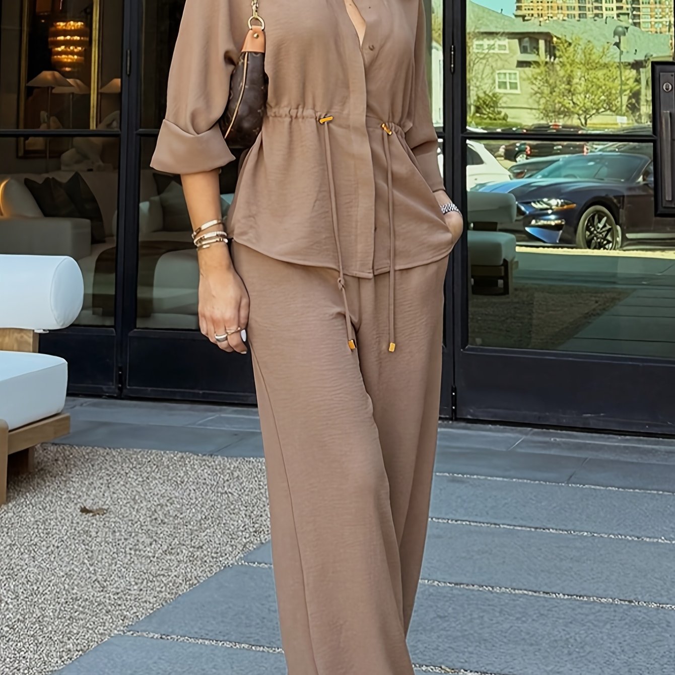Women'S Spring And Autumn Solid Color Casual Minimalist Button-Up Shirt with Waist Drawstring Design And Vintage French Style Long Sleeves, Paired with Wide-Leg Pants in a Two-Piece Set - ayq