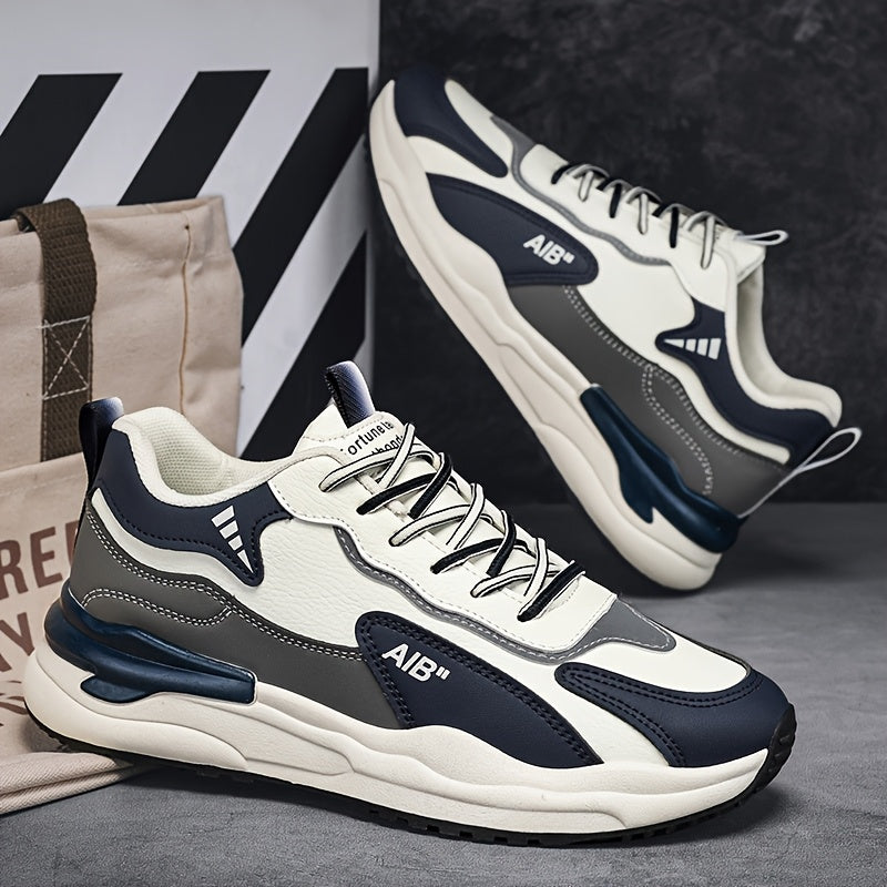 Men'S Fashion Sneakers, Casual Sports Shoes, All-Season Lace-Up Low Top, PU Upper, Fabric Lining, Rubber Sole, EVA Insole, Round Toe, with Trendy Thick Sole for Hiking, Outdoor, Daily Wear