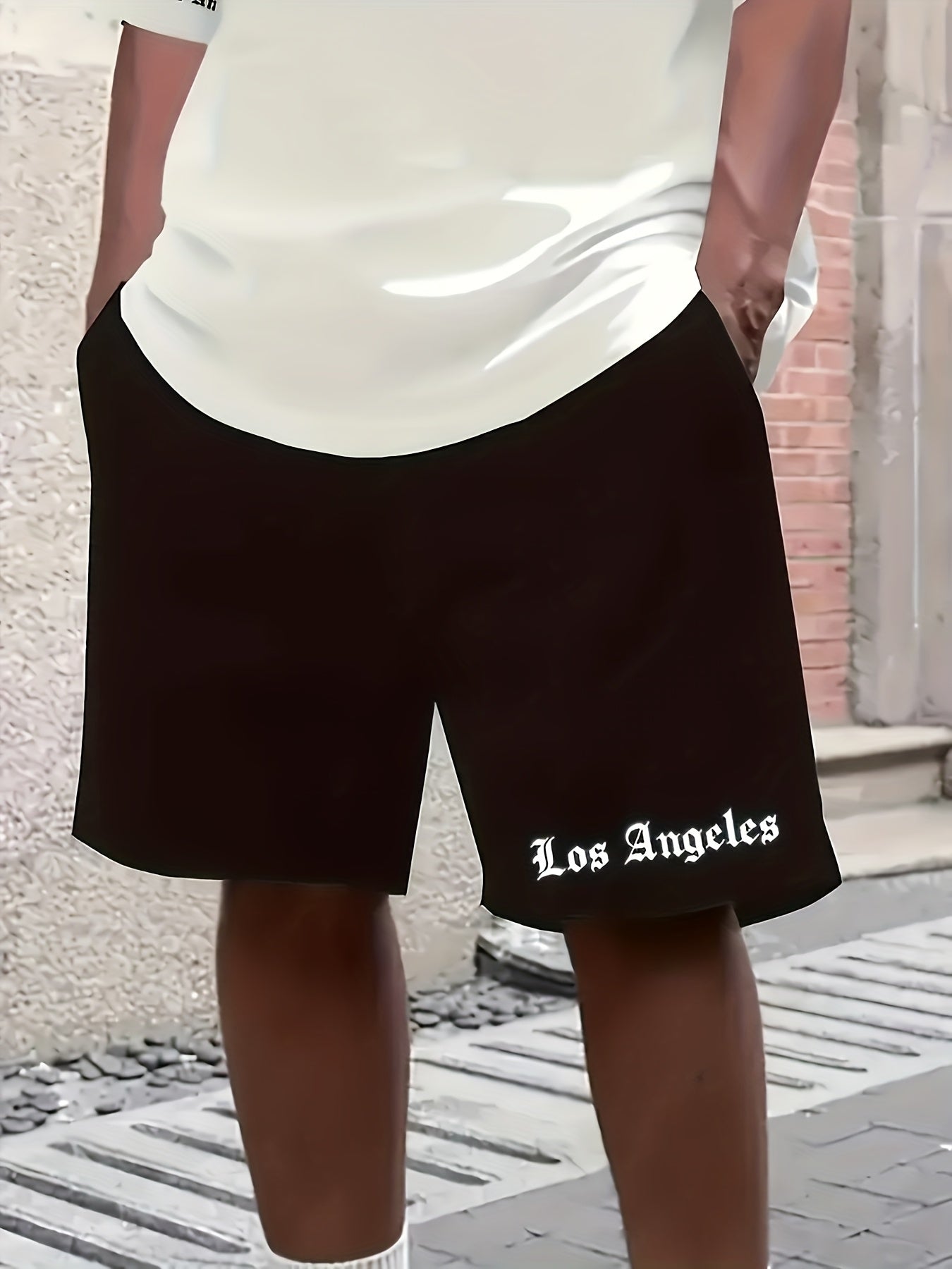 Los Angeles English Pattern Men's Short Sleeve Shirt + Casual Sport Set, Breathable Soft Summer Outfit with Pocketed Shirt and Drawstring Shorts