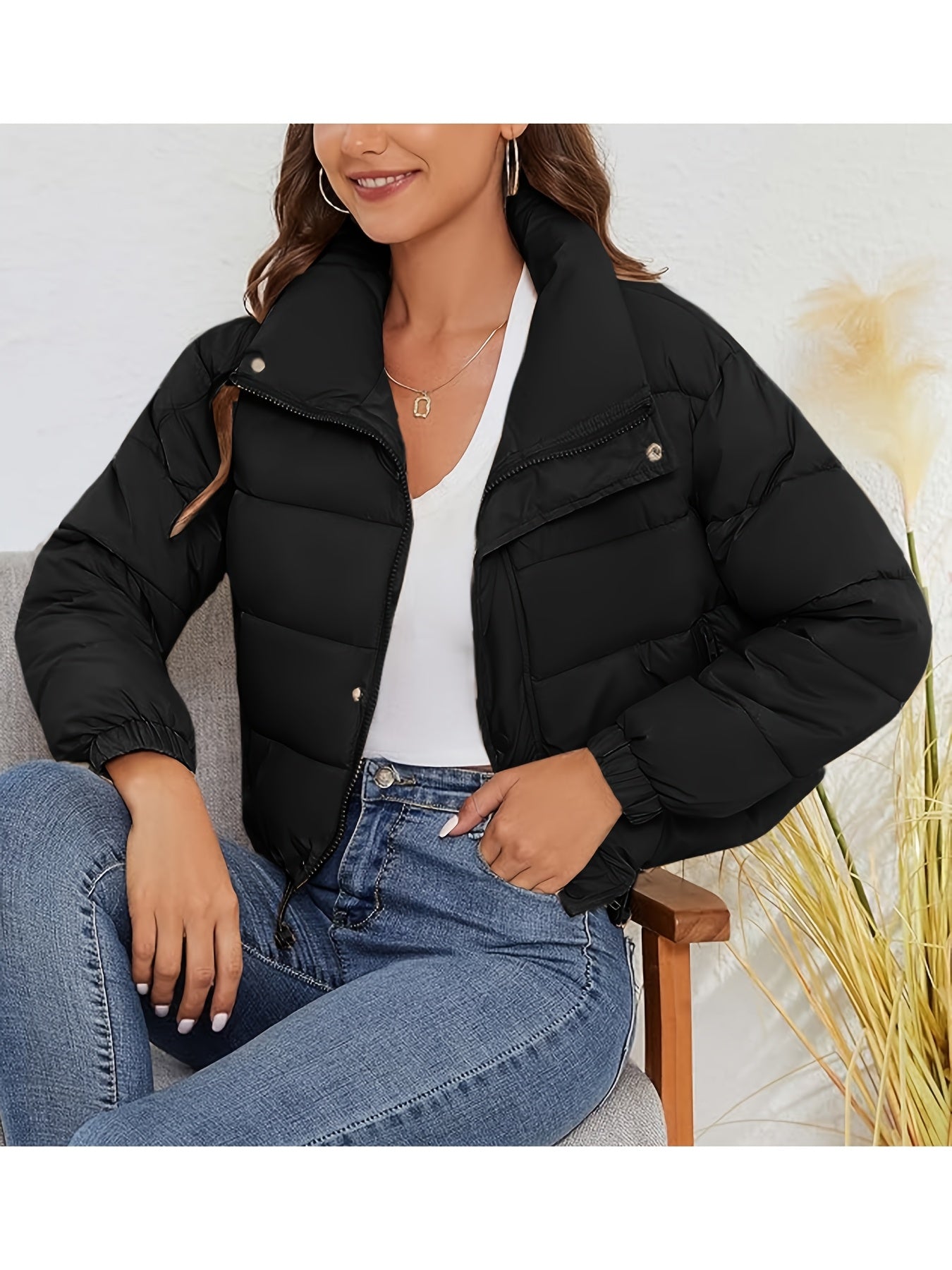 Women'S Lightweight Winter Jacket - Elegant Black Quilted Coat with Stand Collar, Long Sleeves, and Button Front, Perfect for Cold Weather, Stylish Outerwear, Sleek Fabric Design