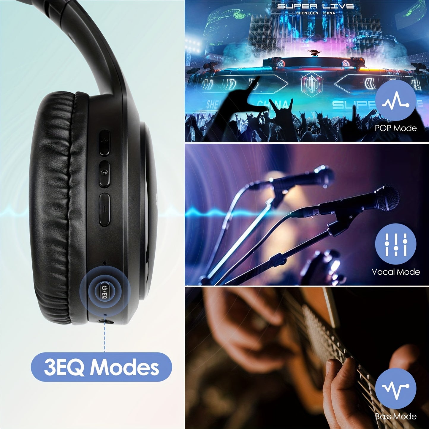 Siindoo JH919 Wireless Headset - 3EQ Sound Modes, High-Fidelity Stereo with Deep Bass - Lightweight, Foldable Design for Travel, Office Use, and Mobile Connectivity