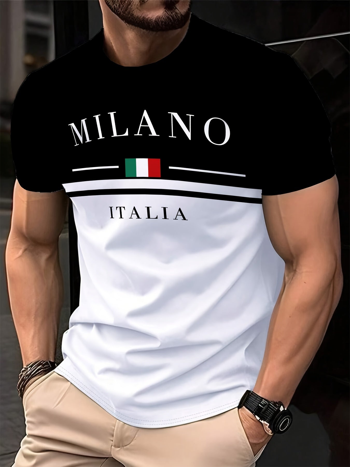 Men'S Milan 3D Print T-Shirt - Casual Crew Neck, Short Sleeve, Lightweight Polyester Tee with Italian Flag Design - Perfect for Travel, Camping, Sports Outdoor Activities
